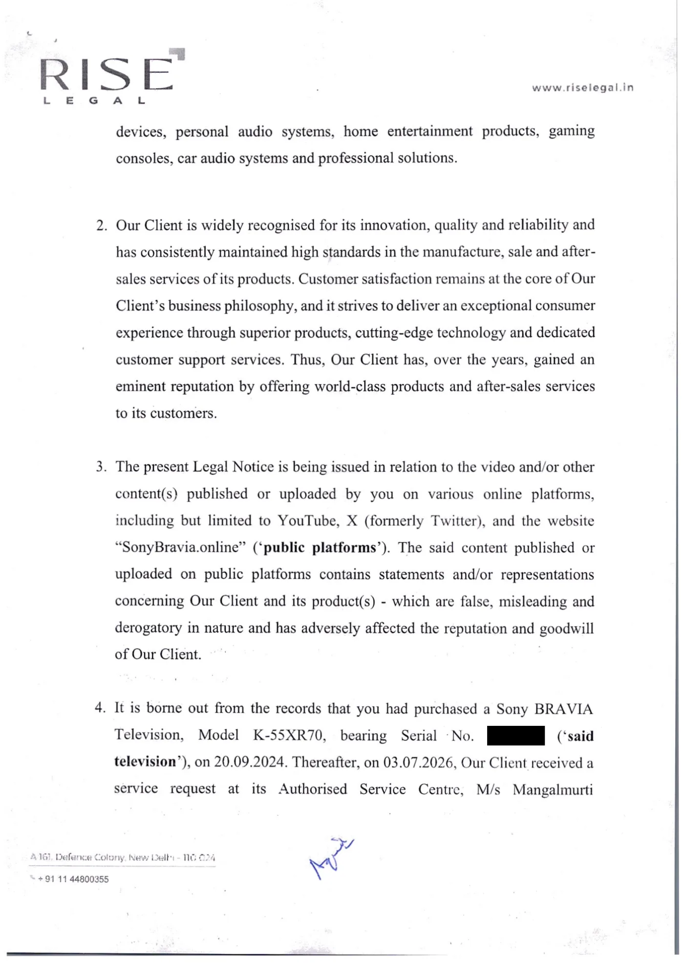 Legal notice from Rise Legal dated 1 September 2026, page 2 of 6
