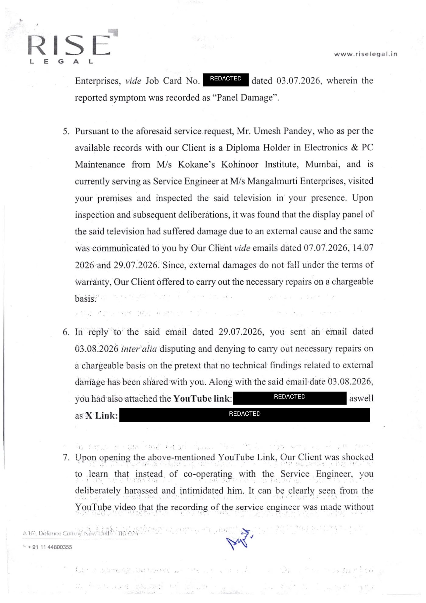 Legal notice from Rise Legal dated 1 September 2026, page 3 of 6