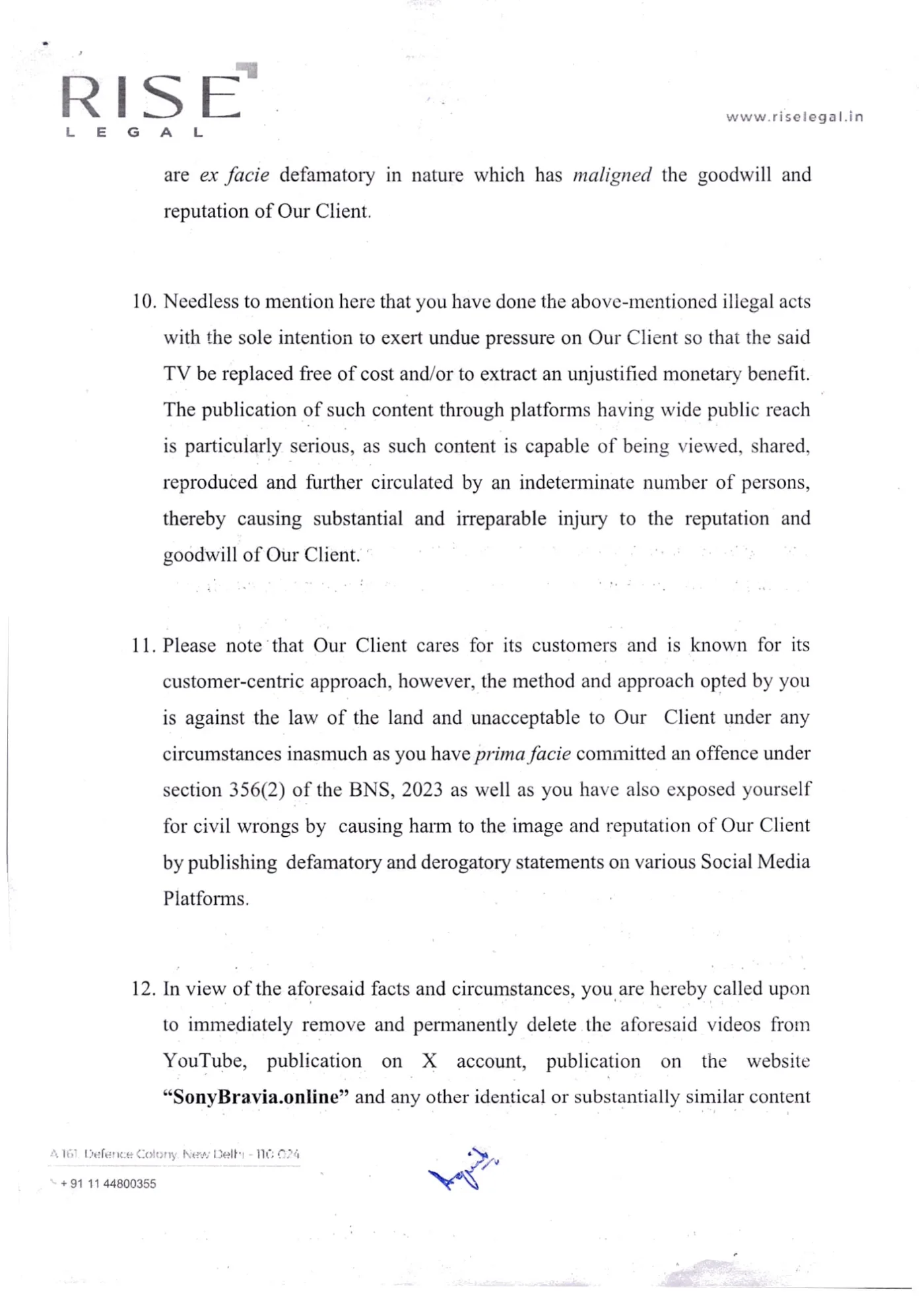 Legal notice from Rise Legal dated 1 September 2026, page 5 of 6