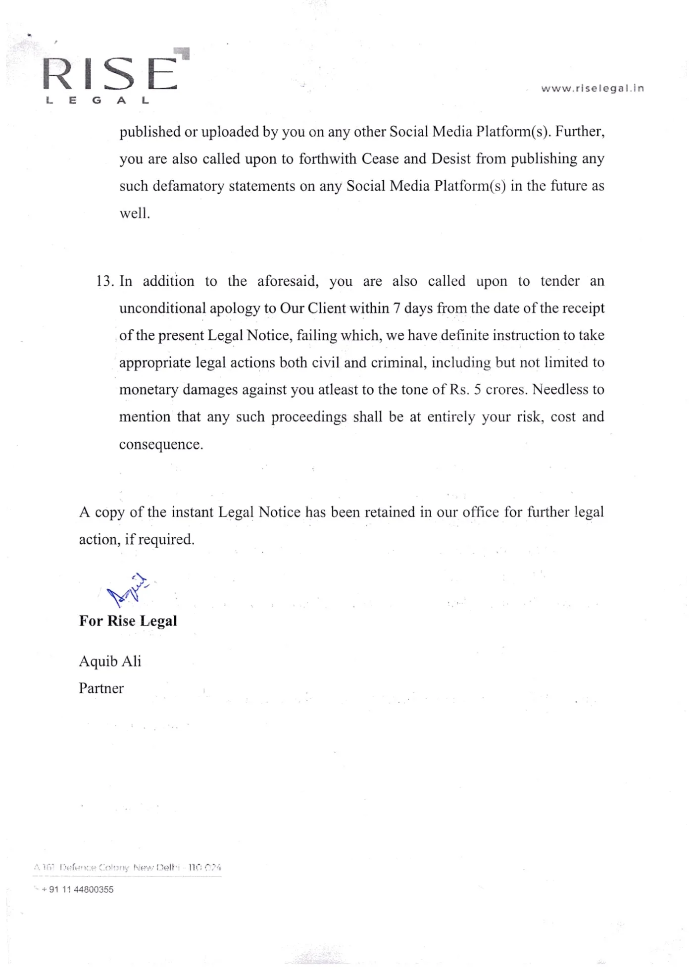 Legal notice from Rise Legal dated 1 September 2026, page 6 of 6